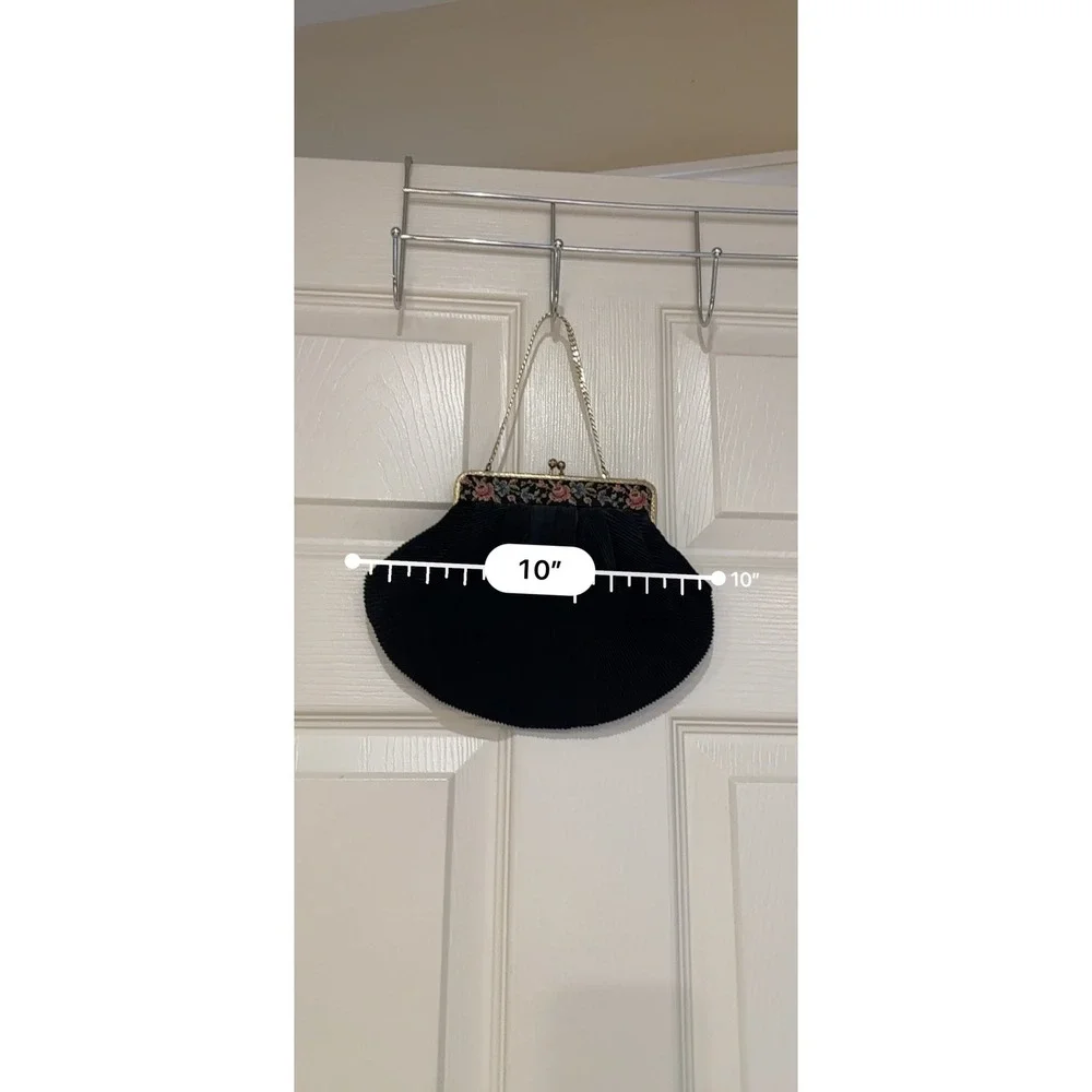 Vintage Black Pleated Evening Bag Floral Tapestry Gold Frame Kiss Lock Clutch